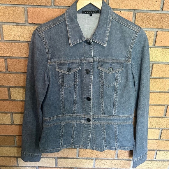 Theory Blue Denim Crop Long Sleeve Button Up Button Cuff Jacket Size Medium - Picture 1 of 9